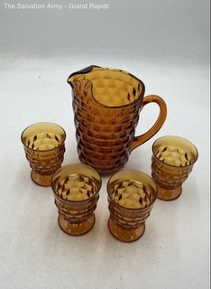 Orange Glass Collectible Kitchenware Tabletop Pitcher With Cups