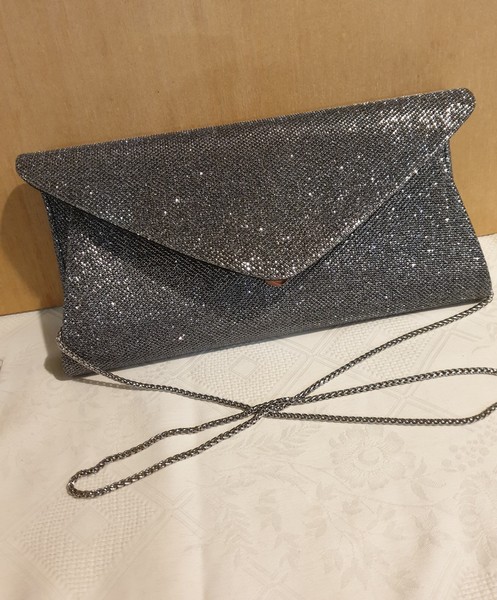 Anthea Crawford "platinum" evening bag clutch with strap metallic in box