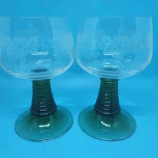 2 Vintage German Schott Zwiesel Goblets Green Beehive Deinhard Glass Stems