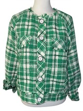 CAbi Green White Plaid Tweed Library Jacket Blazer Fringe Old Money Sz Small