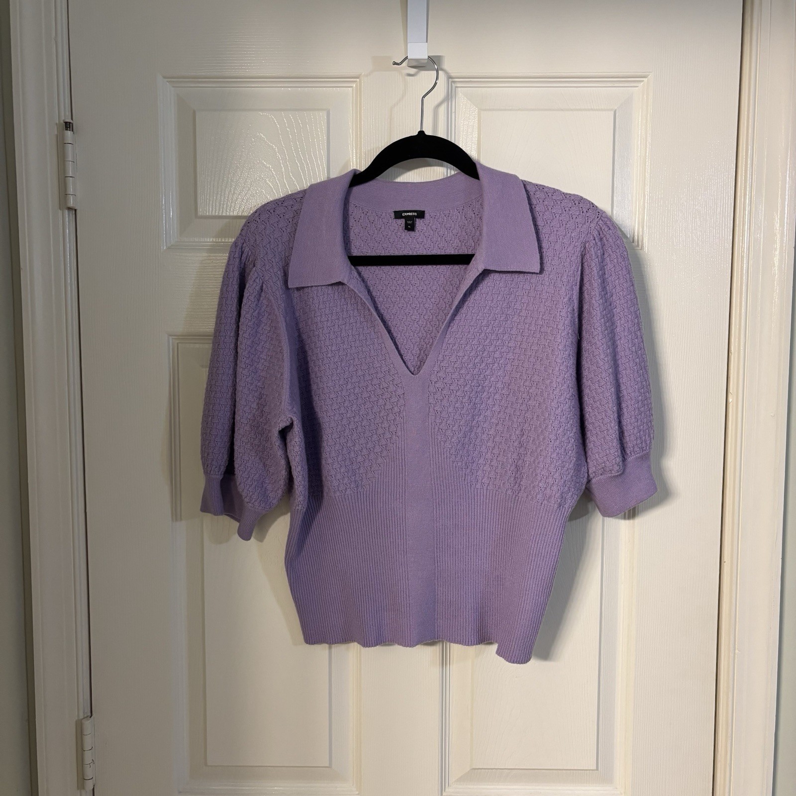 Express Collared Patterned Knit Short Puff Sleeve… - image 2