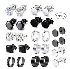 12 Pairs Black & Silver Stud Stainless Steel Ear Studs Earrings Men Women *UK*