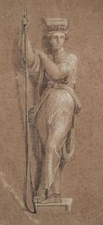 Caryatid Staff Oars Statue Antique Unknown Original Pencil Drawing 19th Century