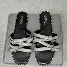 Rouge Women  s Black Flat Sandals Slip-On Rhinestone Strappy Elegant Summer Shoes