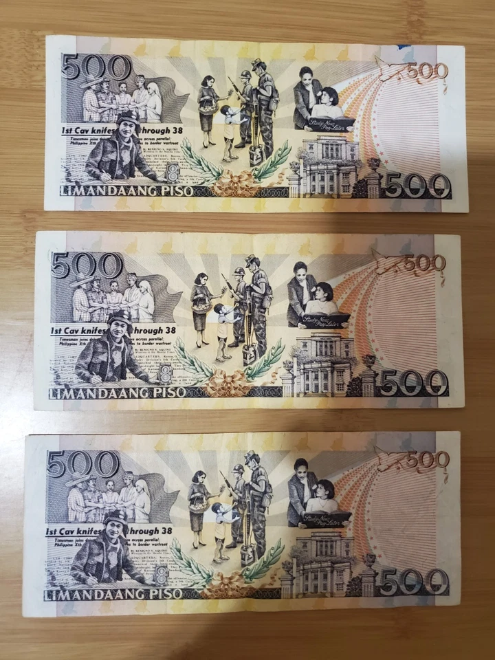 3 Piezas 1999 Benigno Aquino Jr. 500 Pesos Filipinas Papel moneda Envío Gratis Foto 2 de 4