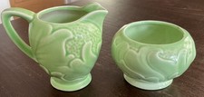 Vintage Green Ridgeway Pottery  Milk Jug And Sugar Bowl Leaf Pattern 