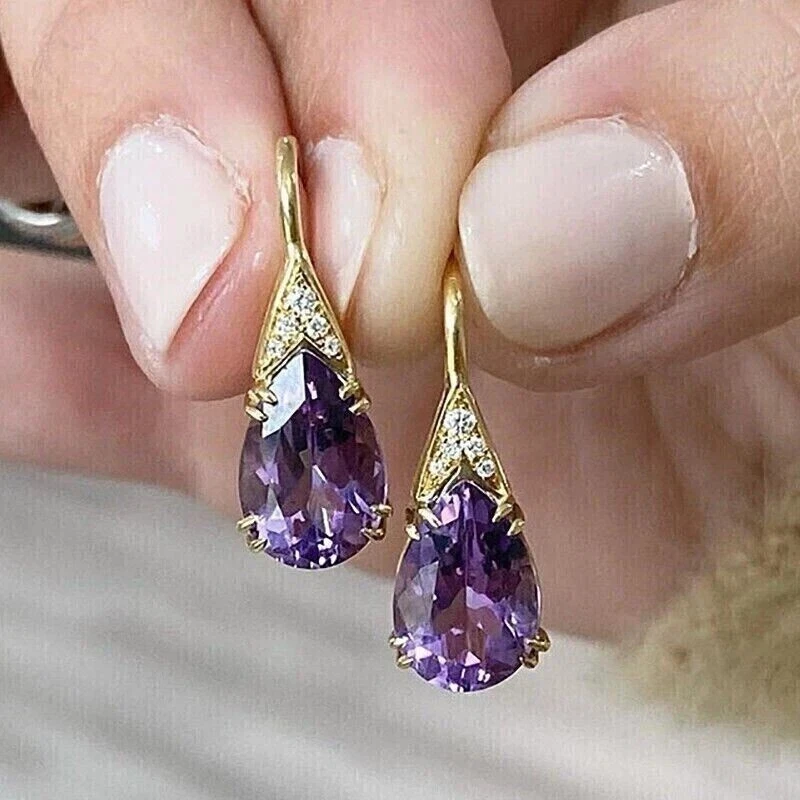 3Ct Pear Simulated Amethyst Stunning Drop Dangle Earrings 14k Yellow Gold Plated - Image 4 of 4