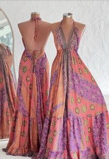 Women’s Floral Maxi Dress V-Neck Halter Backless Open Back Tie Pink Purple S/M