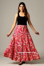 Gonna Lunga In Cotone Stampata A Blocchi Con Fiori Per Donne Indiane