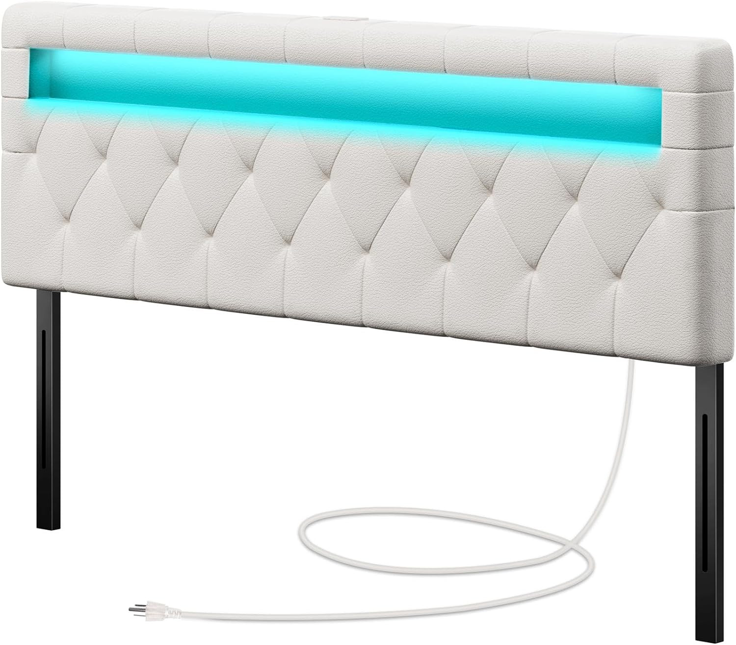 Adjustable White Leather Full Bed Headboard with LED Lights 