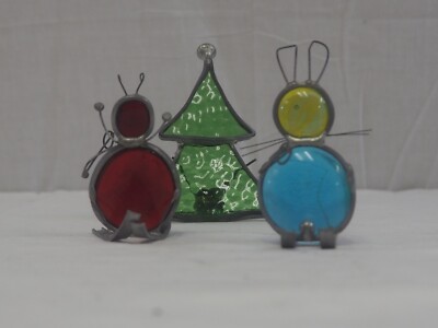Lot Of 3 Vintage free standing sun catchers tree and skiing bunny & lady bug