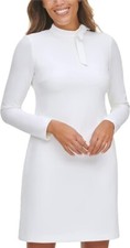 NEW Calvin Klein Women's Long Sleeve SHEATH Dress Tie Neck Detail 8 White