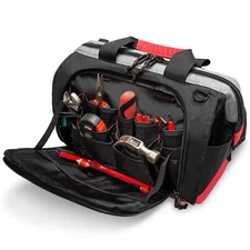 Waterproof Tool Bag 16" Wide Mouth 25 Pockets Adjustable Strap Black/Red