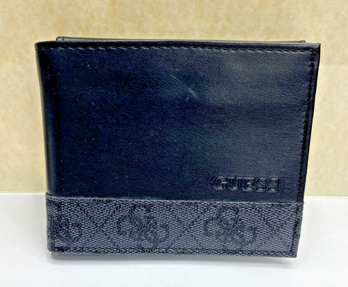 Guess MEN'S BLACK LEATHER WALLET FLIP BIFOLD PHOTO preowned b1
