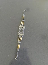 Boho Bracelet Wood Silvertone Brown Costume Jewelery Estate A1