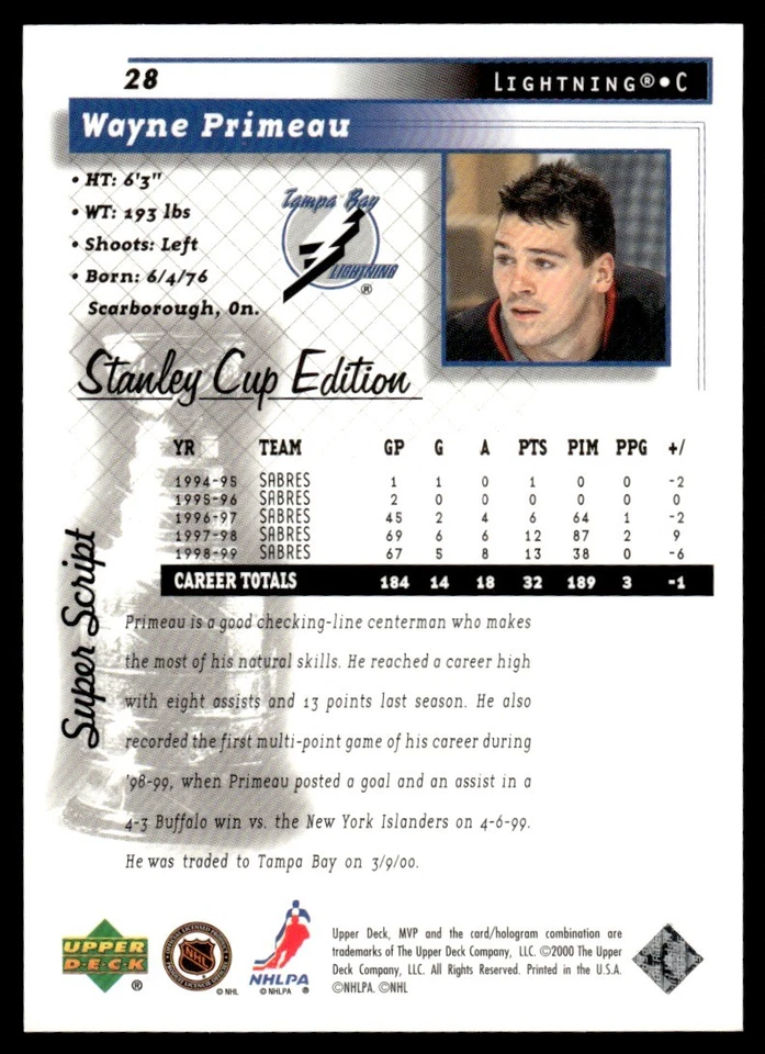 1999-00 Upper Deck MVP Super Script Wayne Primeau 20/25 #28 *Noles2148* - Image 2 of 2