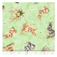 EASTER BUNNIES and FLOWERS ON GREEN SPRING GARDEN Cotton Fabric QT HALF YD