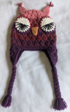 ANDES Gifts ALPACA Blend Hand Knit OWL Red/Purple Beanie Hat Ear Flaps Girl/Boy