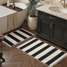 2 PCS 17x24 18x30 Inch Black White Striped Bathroom Rug Set Absorbent Bath Mat