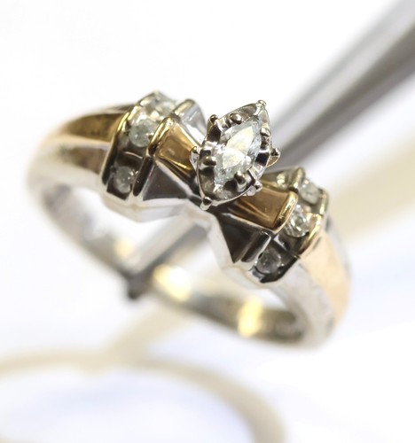 10k white yellow gold .15ct illusion head marquise diamond engagement ring 4.2g - Imagen 7 de 9