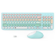 Blue Wireless Keyboard Mouse Combo Cute Typewriter Full-Size Retro Round