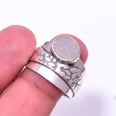 Snow White Titanium Agate Drusy 925 Sterling Silver Handmade Ring s.8.5 Sku68