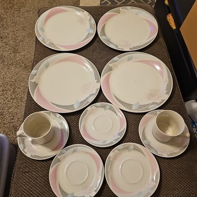 Vtg Ciera Fine Dinnerware Stoneware11 Piece Set Pink Rose 4Plate 5Saucer 2Cup