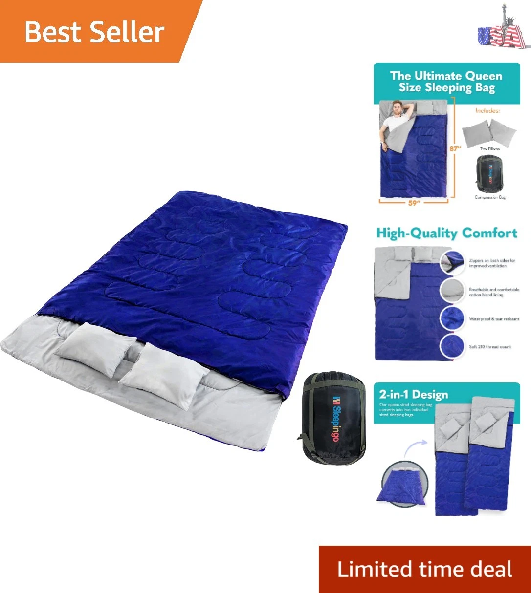 Double Sleeping Bags for Adults Backpacking, Camping, or Hiking - Waterproof ...