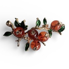 Vintage Brosche Beeren Goldfarben Orange Grün Emaille Strass Schmuck Geschenk