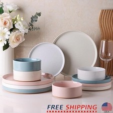 Ceramic Dinnerware Set 4 Rustic Handpainted Plates Bowls Dishwasher Safe 12pc US