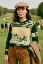 Vintage 70s Novelty Equestrian Horse Scene Intarsia Folk Art Sweater Korea Made