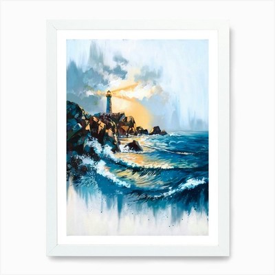 Leuchtturm bei Sonnenuntergang, Gemälde, Kunst gerahmt Wandbild Poster Leinwanddruck Bild