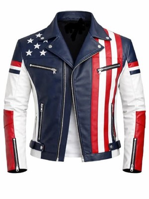Men s American Flag Biker Leather Jacket   Genuine Cowhide Patriotic USA Design