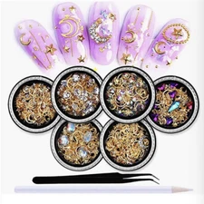 6-Box Moon Star Nail Decor Set - Gold 3D Metal Charms, Rhinestones & Pearls