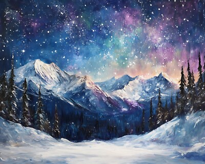 Snowy mountains under the stars oil painting 8x10 Print