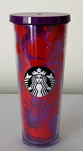 Starbucks 2014 Venti con tapa 24 oz con pegatina original flor roja y púrpura - Imagen 5 de 5