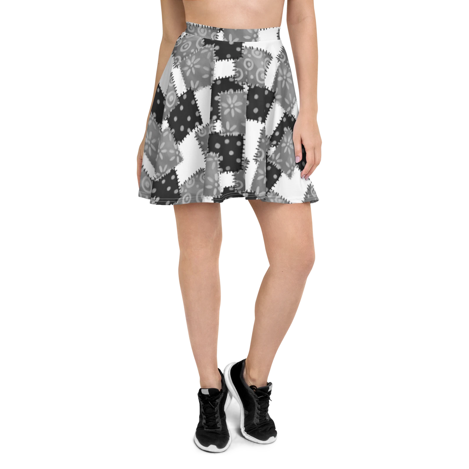 Black Gray White Patchwork Skater Skirt, Gift for Her