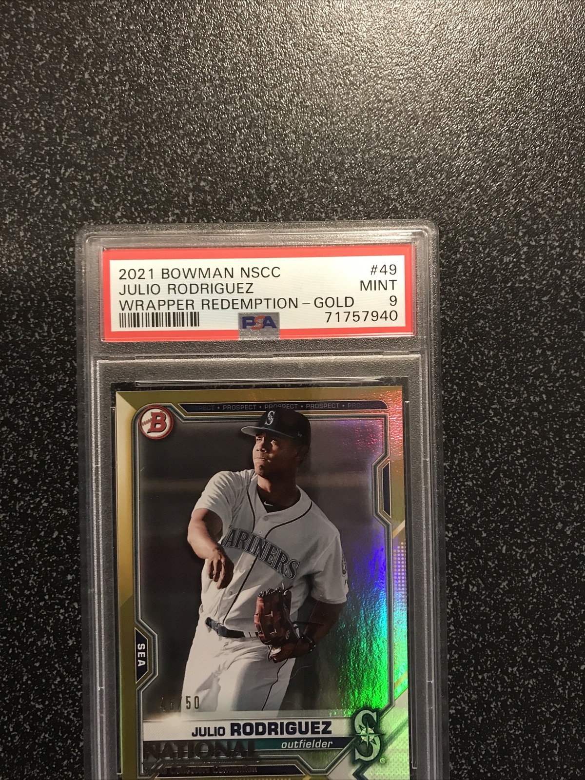 JULIO RODRIGUEZ 2021 Bowman NSCC RC #49 WRAPPER REDEMPTION - GOLD #46/50 PSA 9 view 2