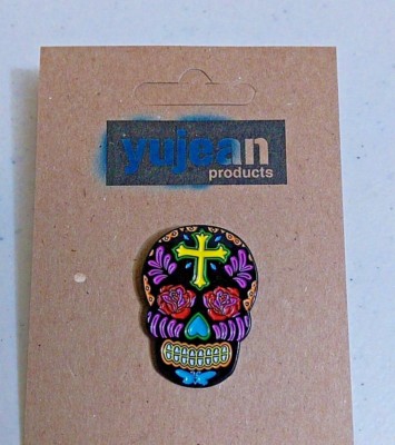 Rose Cross SUGAR SKULL 1-1/4'' x 7/8'' Enamel Hat Backpack Pin (#1012) Sunny Buick