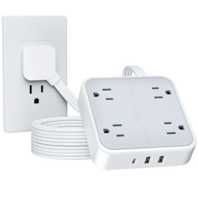 TESSAN Flat Extension Cord, Power Strip 8 Outlets 3 USB (1C), 5ft Flat Plug Cord, 900J, 3-Sided for Office Supplies, Dorm Room Essentials, White