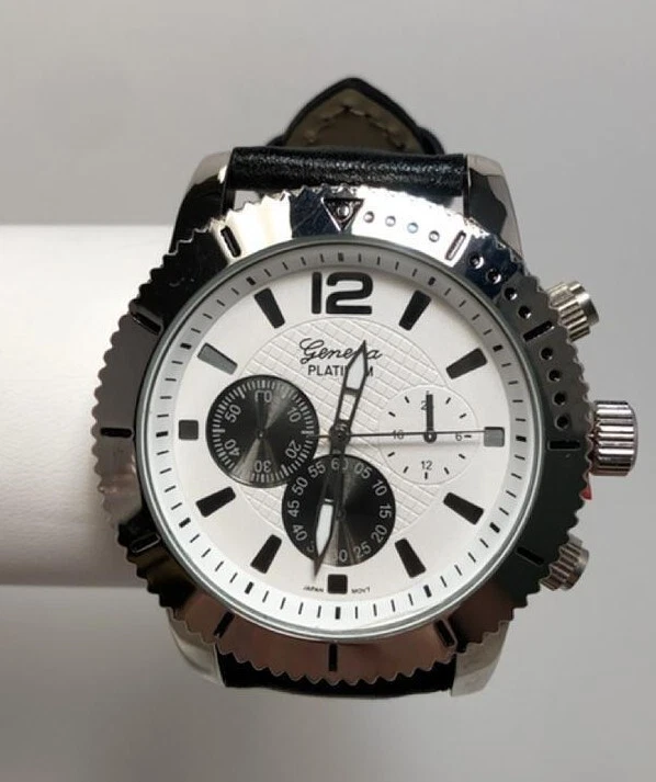 NUEVO Reloj Geneva Platinum 9701 para hombre imitación cronógrafo esfera blanca cuero negro plata Foto 2 de 4