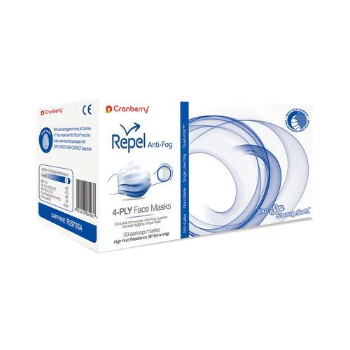 Cranberry R2970SA Repel 4-Ply Premium AntiFog Earloop Face Masks Sapphire 50/Box