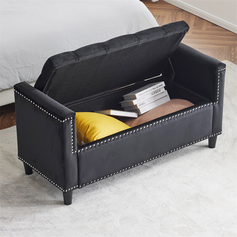  Queen Velvet Upholstered End of Bed Bench Storage Ottoman Seat w/Nailhead Trim