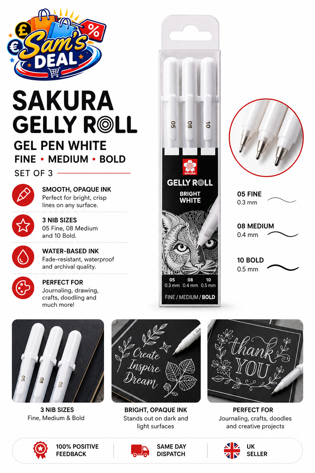 Sakura Gelly Roll Set 3 Bright White Gel Pens - Fine/Medium/Bold (Poxpgbwh3c) - Image 3