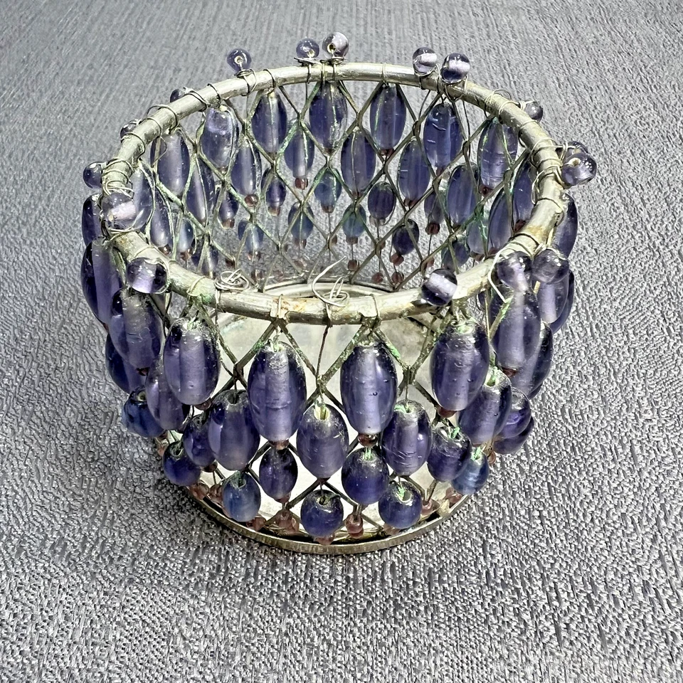 Pottery Barn Votive Tea Light Candle Purple Beaded - Image 2 of 4