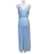Vintage Lorraine Long Nightgown Lingerie size Medium Baby Blue Stripes Lace