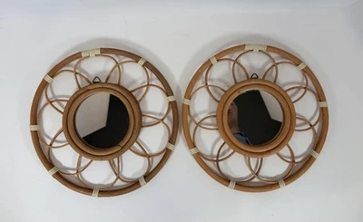 Rattan Mirror Set of 2 round Swirls Boho Style Mirror Beach house Decor 9.5” - image 1 of 4