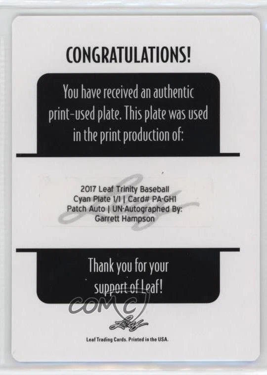 2017 Leaf Trinity Patch Auto Printing Plate Cyan Unsigned 1/1 Garrett Hampson - Image 2 of 2