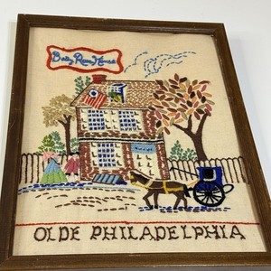 Vtg Wood Framed Hand Crewel Embroidery Piece Betsy Ross House Olde Philadelphia