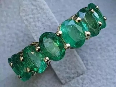 7Ct Oval Cut Natural Emerald & Diamond solid 14K Yellow Gold Eternity Band Ring